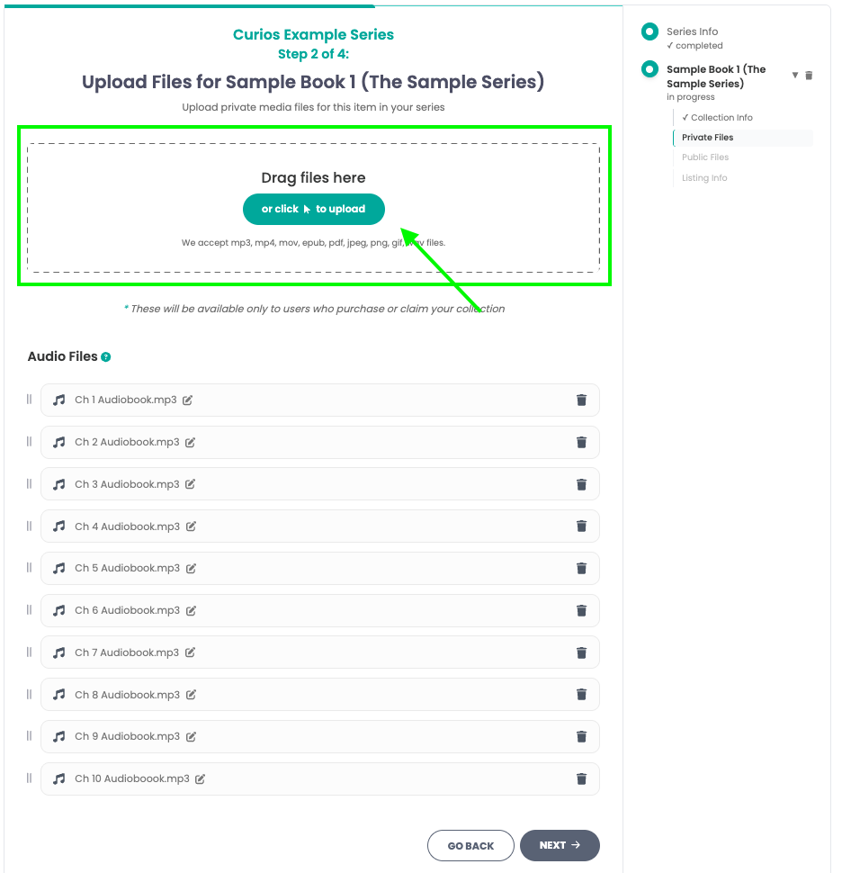 Upload files for first book